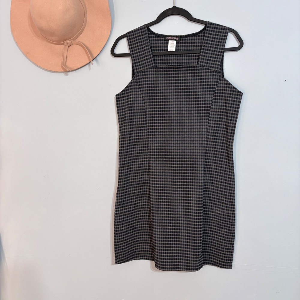 Vintage 90s Counterparts Grey Plaid Square Neck Sleeveless Shift Mini Dress L